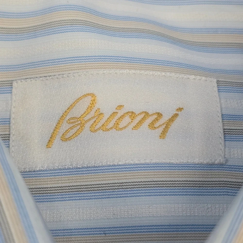 Brioni Italy Men's Striped Cotton Dress Shirt 16 41 Light Blue Tan Spread Collar